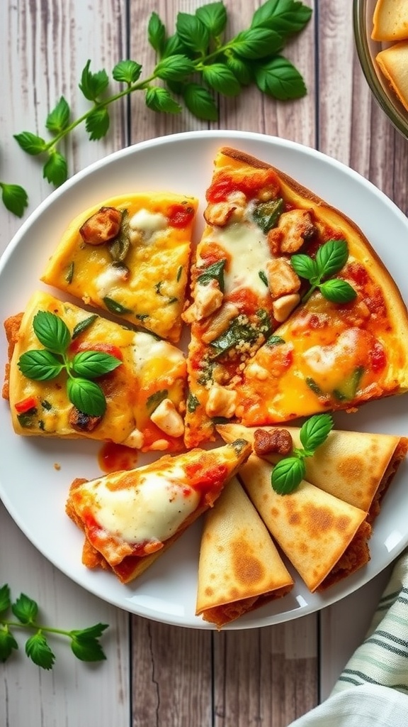 Creative dishes made from lasagna leftovers including frittata, pizza, and quesadillas displayed on a rustic table.